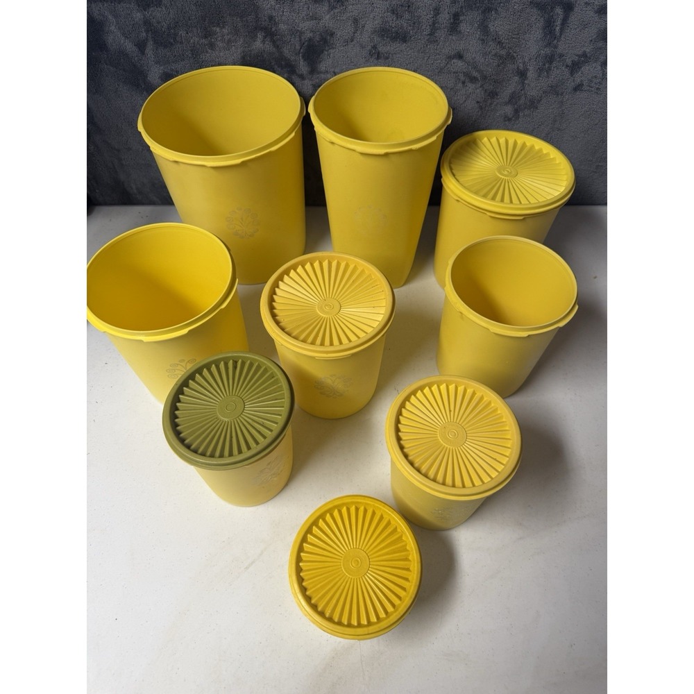 Vtg Tupperware Servalier Yellow Canister Lot of 9 Mixed Sizes Missing Lids